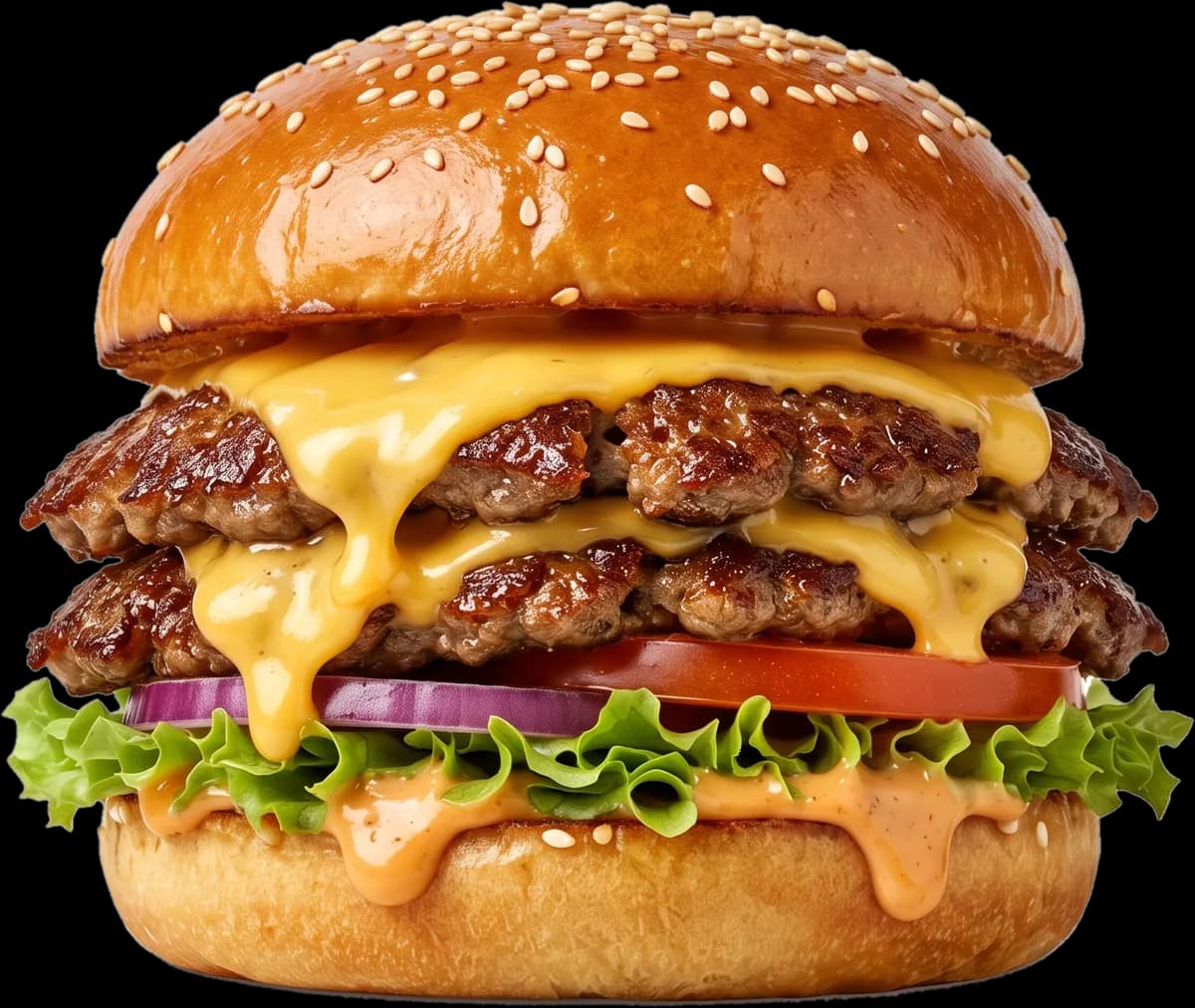 Double cheeseburger with melted cheese dripping down two beef patties
