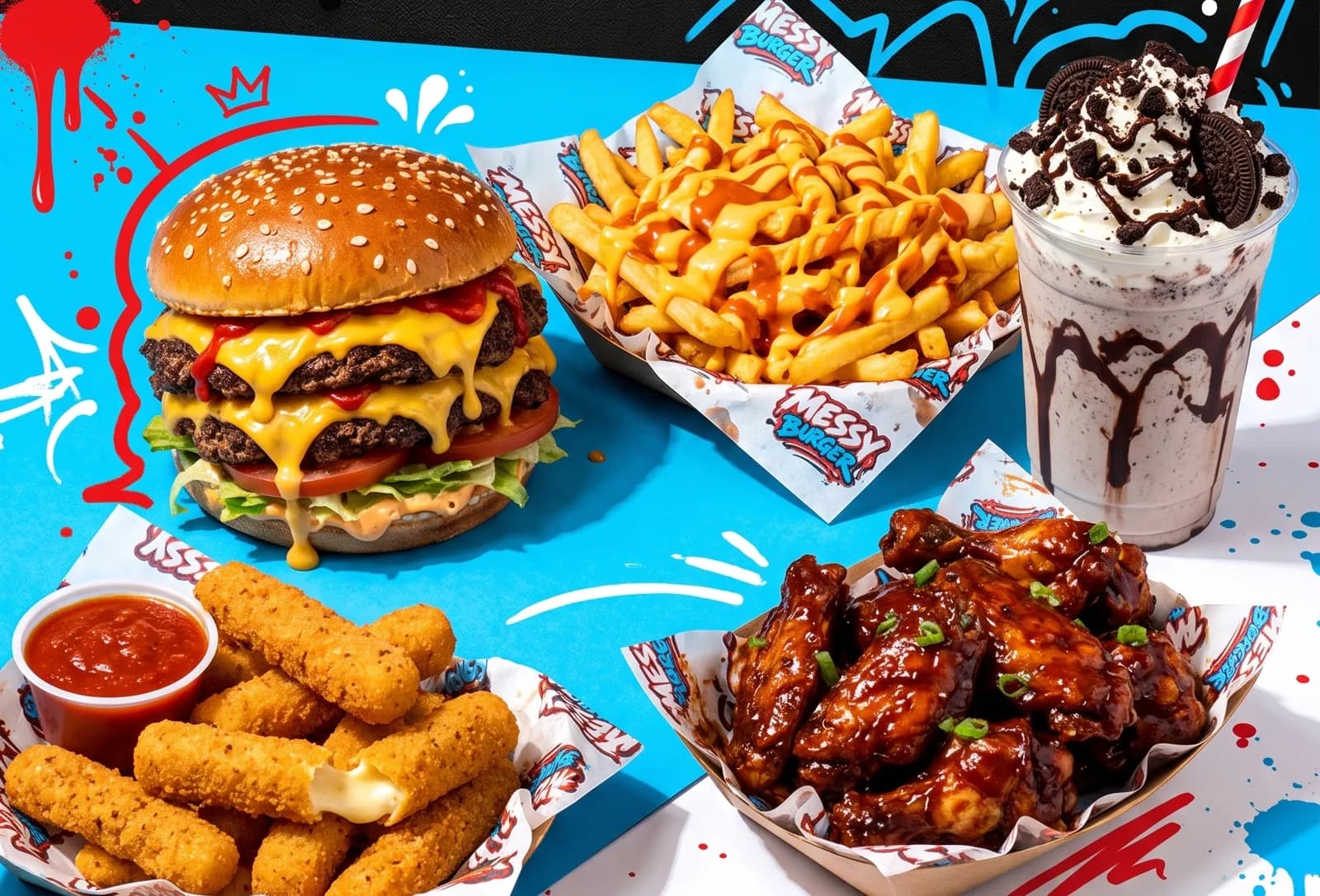 Double cheeseburger, cheesy fries, an Oreo milkshake, mozzarella sticks and BBQ wings